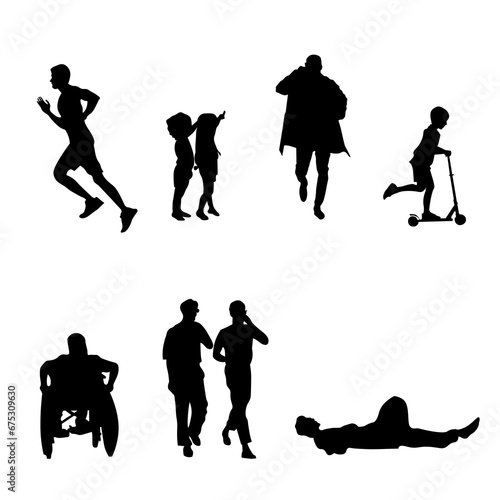 Set of silhouettes of people in motion on the street or walking in the city