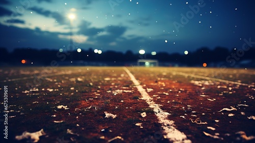 Evening Dew on a Football Field Under Stadium Lights, Capturing the Quiet Before the Game photo