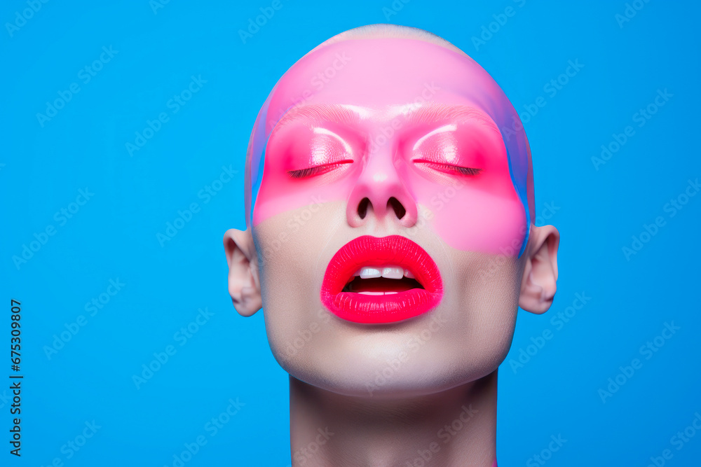 Generative AI image of an artistic woman face with eyes closed with glowing pink eyes and vibrant pink lips set against a blue background Generative AI image of an artistic woman face with eyes closed with glowing pink eyes and vibrant pink lips set against a blue background