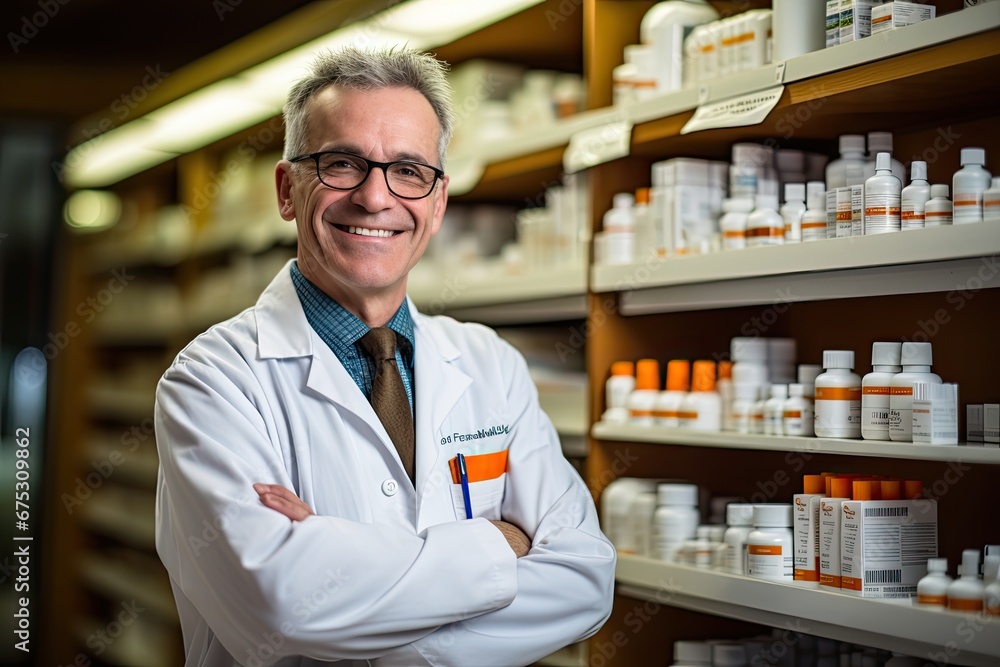 Pharmacist in glasses looks into the frame, in the background pharmacy racks with drugs, medicines Pharmacist in glasses looks into the frame, in the background pharmacy racks with drugs, medicines