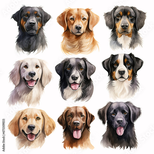set of watercolor clip art of dogs isolated on white background for graphic design