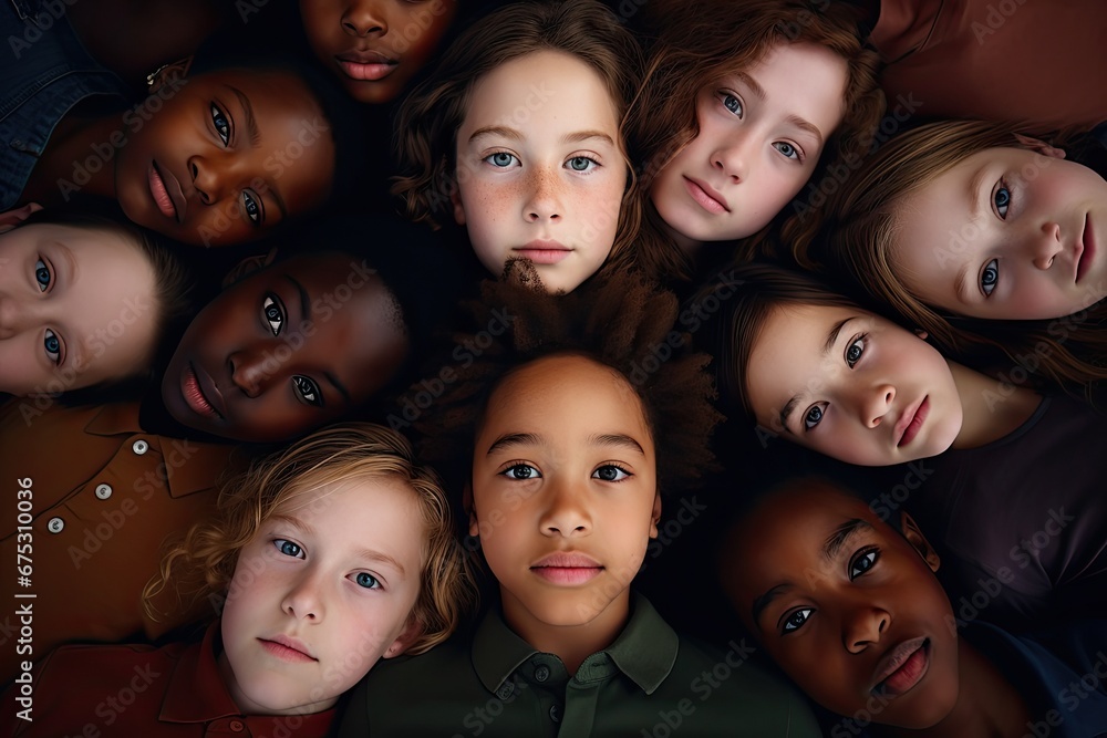 Faces of children of different races and ethnicities stare into the frame for selfies photo