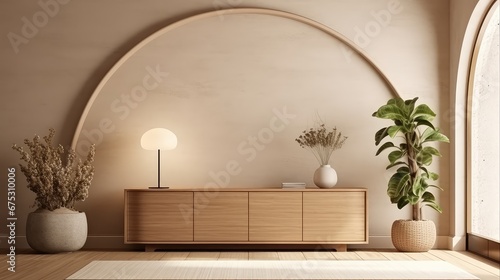 Fototapeta Naklejka Na Ścianę i Meble -  3D rendering of a potted plant on wooden storage dresser and wooden arch on wall in a living room.