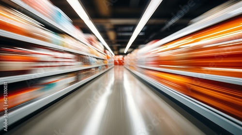 High-Speed Shopping Experience in a Modern Supermarket Aisle with Blurred Product Shelves