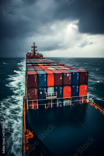 Generative AI illustration of view from the top of loaded container ship as it cuts through choppy ocean waters with storm clouds overhead photo