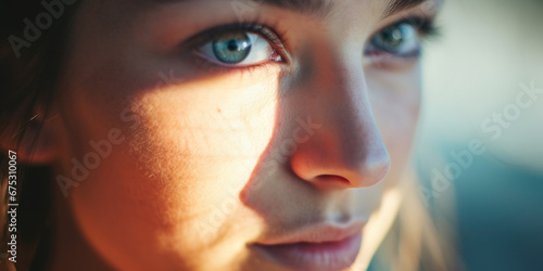 gros plan d'un visage de jeune femme au regard clair, détails de peau et douce lumière latérale