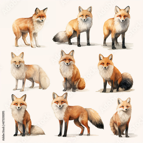 set of watercolor clip art of foxes isolated on white background for graphic design