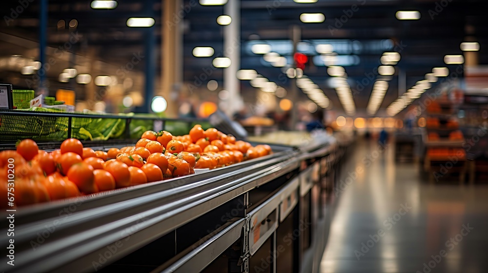 Fresh Vibrant Tomatoes Line the Shelves in a Modern Grocery Store Under Bright Lights