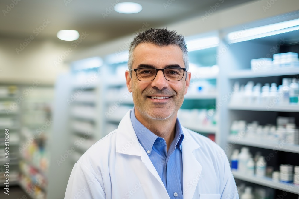 Pharmacist in glasses looks into the frame, in the background pharmacy racks with drugs, medicines Pharmacist in glasses looks into the frame, in the background pharmacy racks with drugs, medicines