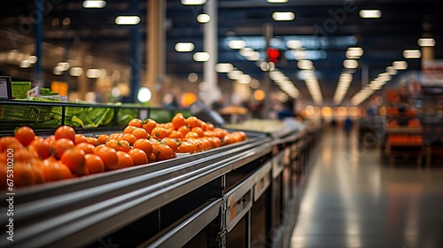 Fresh Vibrant Tomatoes Line the Shelves in a Modern Grocery Store Under Bright Lights