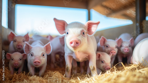 Shot of piglets with a mother pig in a spacious pigpen.
