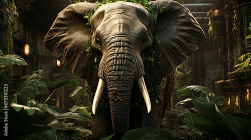 Majestic Elephant Enshrined in Greenery Inside a Lush Indoor Jungle Atmosphere