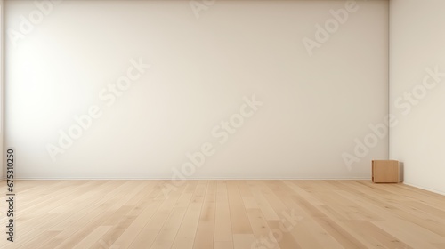 3d rendering of a wooden box on the floor in a living room.