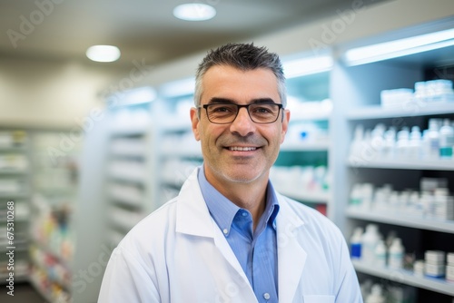 Pharmacist in glasses looks into the frame, in the background pharmacy racks with drugs, medicines