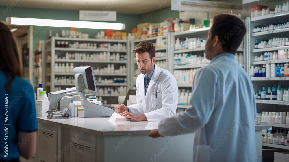 Pharmacists Interacting with Customers in a Friendly Pharmacy Environment