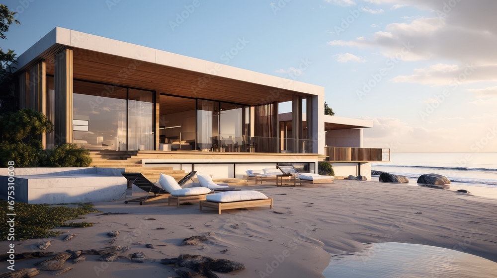3D rendering of a small house on a sea beach. The ocean is visible in the distance. 3D rendering of a small house on a sea beach. The ocean is visible in the distance.