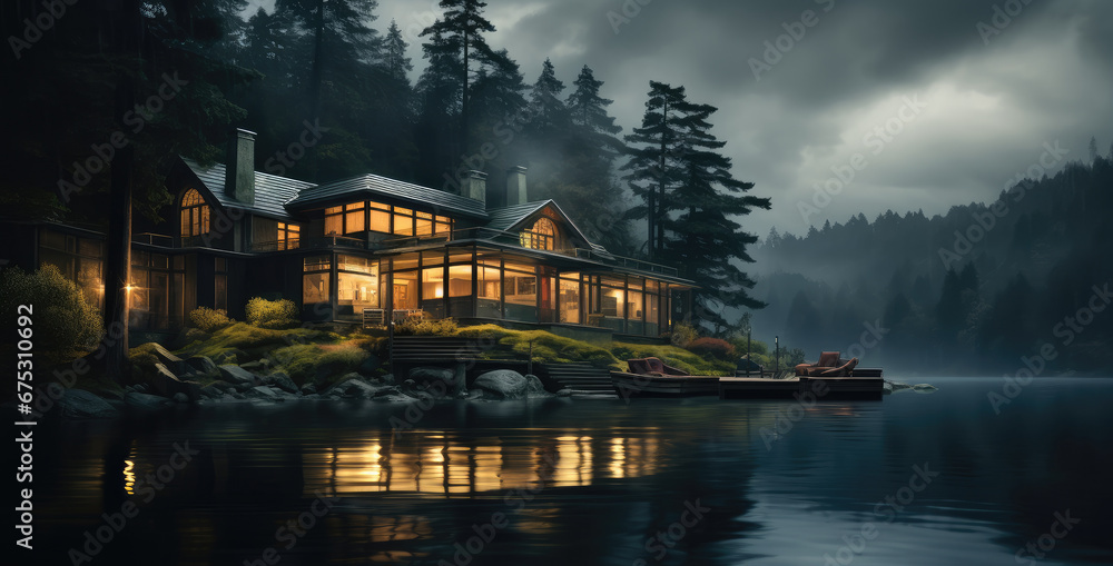 Fototapeta premium The lake house under the murky sky.