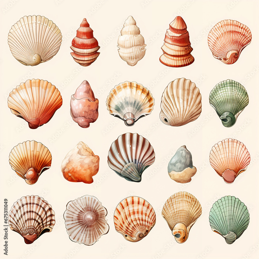 set of watercolor clip art of seashells isolated on white background for graphic design - obrazy, fototapety, plakaty 