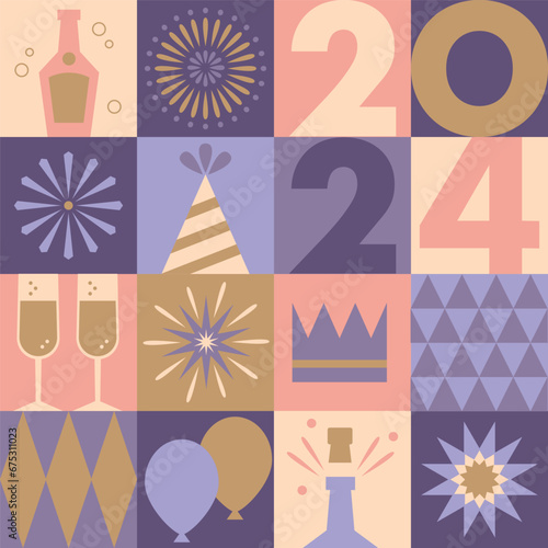 Happy New Year square pattern champagne, party hats, cocktails, fireworks, fun, colorful background for invitations, events, party, restaurant, menu, flyer, poster, social media, website.