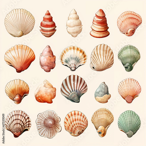 set of watercolor clip art of seashells isolated on white background for graphic design © elementalicious