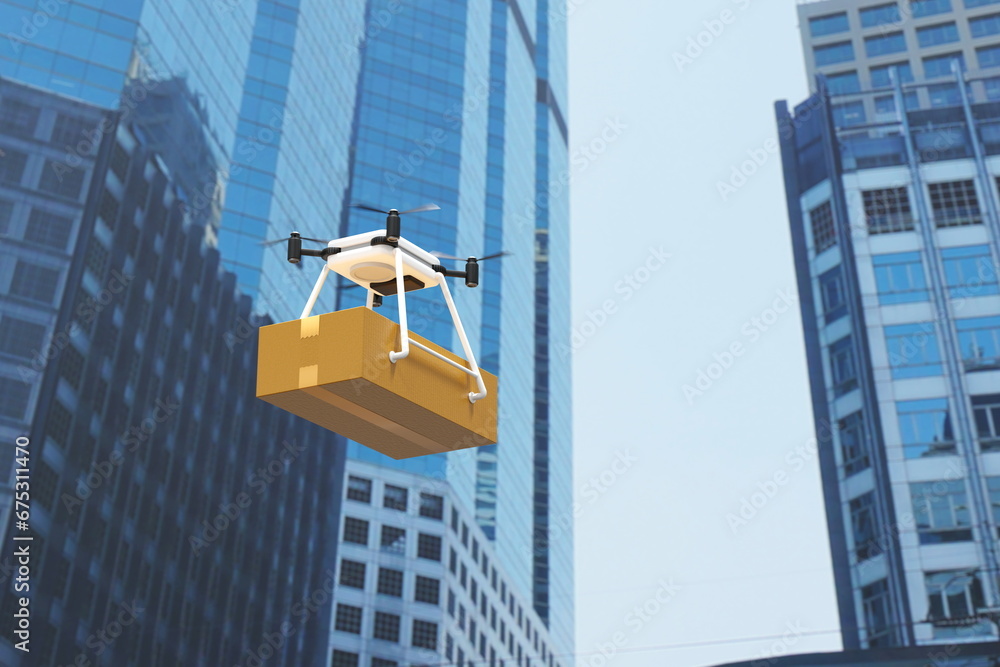 Obraz premium Drone delivering parcel box in urban city, futuristic express delivery, 3D rendering.