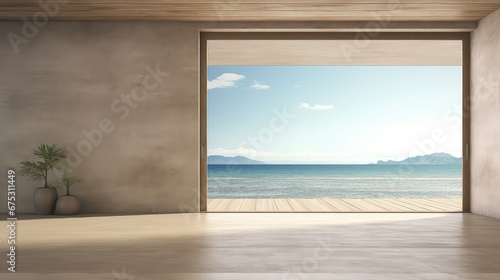 3D rendering interior of a living room with sea view background.