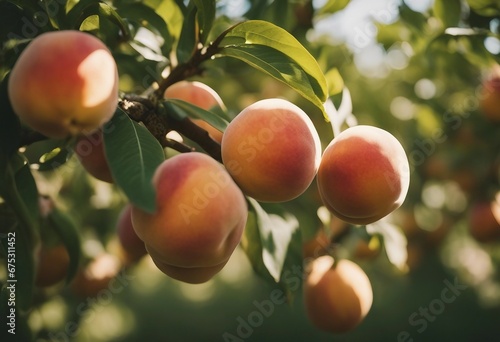 Peach tree with ripe peaches outside on sunny day in an orchard