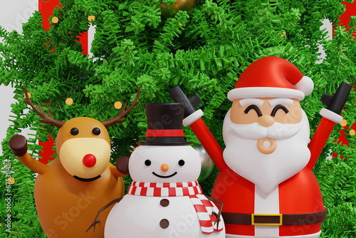 Konstfotografi Happy Santa Claus snowman cheer up and raise hand up with Christmas tree decorated by gift, merry Christmas greeting background, 3D rendering