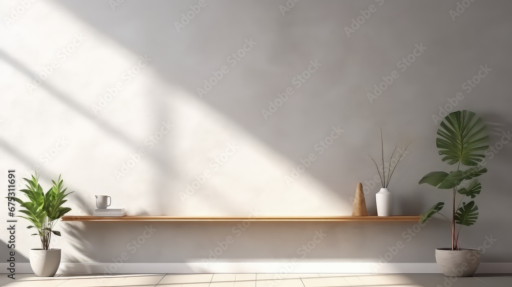 3D interior rendering of a potted plant and a built-in wooden storage cabinet in the living room 