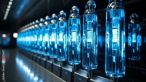 Futuristic Laboratory Equipment with Illuminated Blue Samples in High-Tech Research Facility