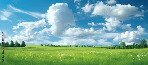 In the summer the sky s vibrant blue becomes the perfect background for the lush green grass where white clouds create patterns against the light filled space showcasing the wonders of natur