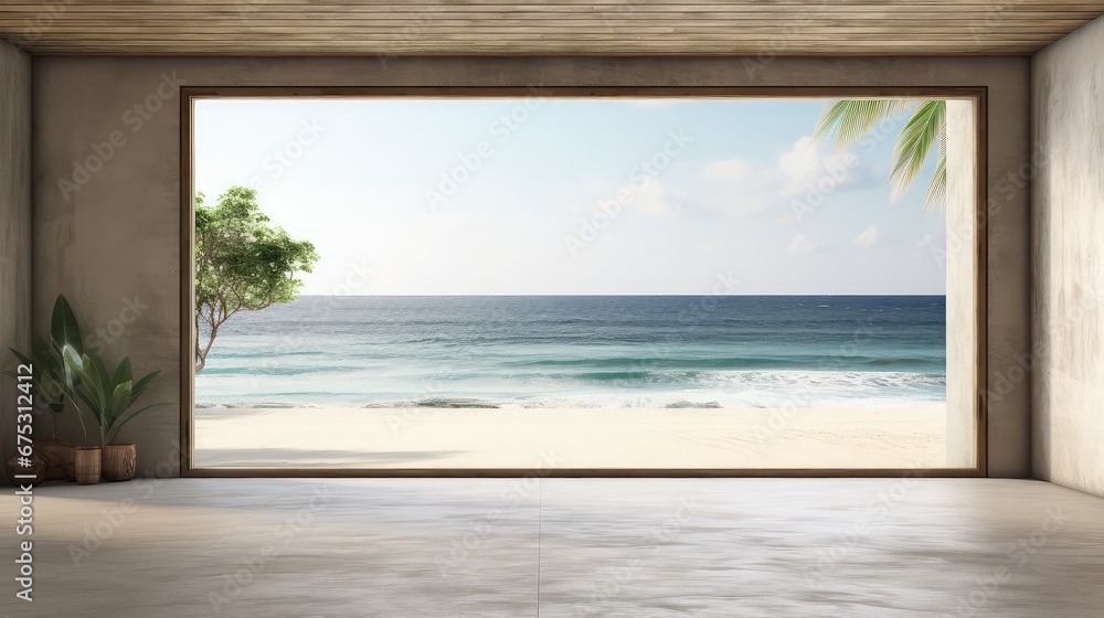 3D rendering interior of an empty living room with sea view background.