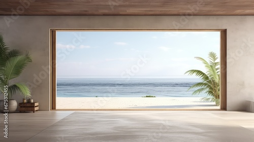 3d rendering of a spacious living room with a large window overlooking the sea.  © Aris Suwanmalee