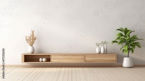 3D interior rendering of a potted plant, built-in wooden shelving on wall in the living room.