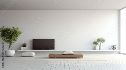 Interior design with 3D rendering of a cushion sofa, potted plant, built-in wooden shelving and TV on a wooden wall in living room. 