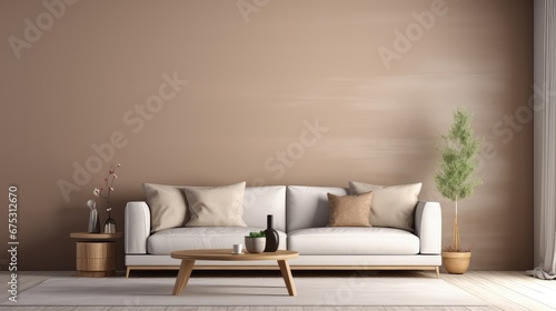 3d rendering of an upholstery sofa in living room with a large window overlooking the natural view.