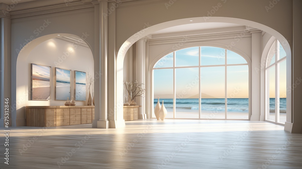 3d rendering of a spacious living room with a large window overlooking the sea.