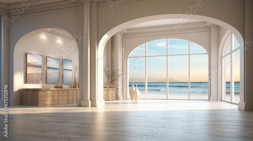 3d rendering of a spacious living room with a large window overlooking the sea.
