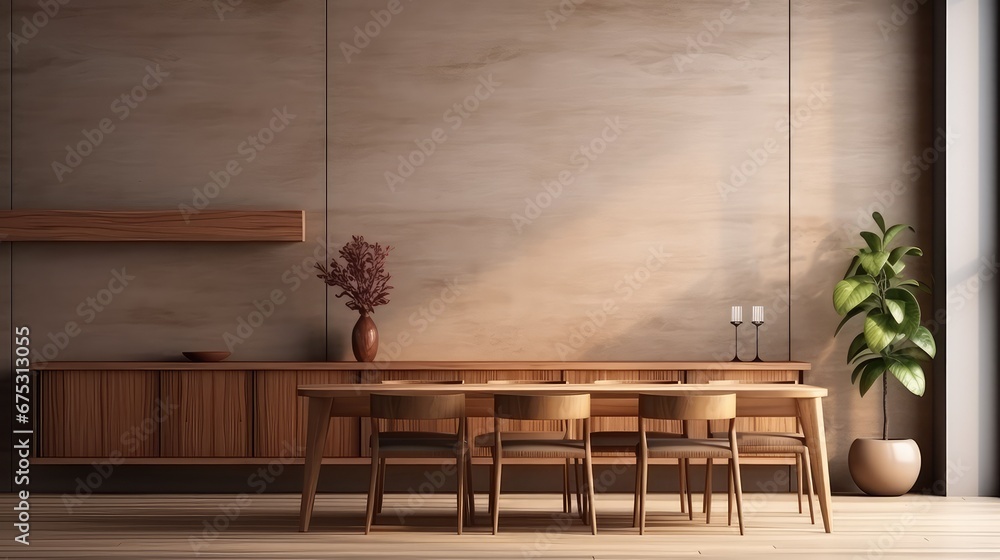 3D rendering interior of a wooden dining table in a modern dining room. 3D rendering interior of a wooden dining table in a modern dining room.