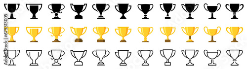 Trophy cup icons set in different style. Flat, silhouette, linear icon collection. Champion golden trophy. Cups for winner. Vector illustration