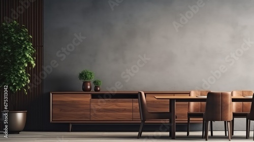 3D rendering interior of a wooden dining table in a modern dining room. © Aris Suwanmalee