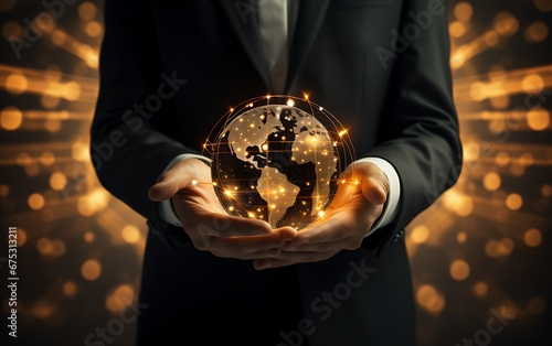 businessman holding golden globe,professional man holding a globe. Technology in business concept.