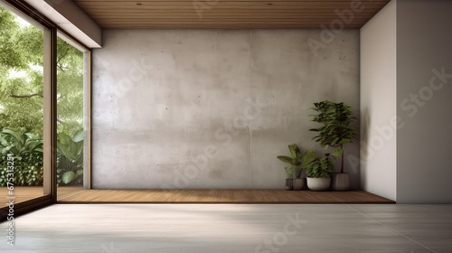 3D rendering interior of a living space with potted plant, natural light and shadow.