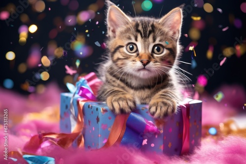 A kitten in a gift box. On the background bright confetti, ribbons. Concept for a postcard