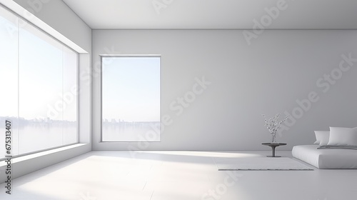 3D rendering interior of a soft sofa with a large window view in living room.