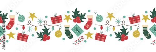 Vector seamless Christmas border Garland holly gifts decorations on a white background