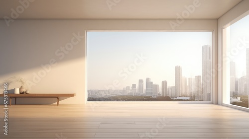 3D rendering of an empty room with a large window overlooking the cityscape.