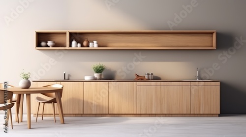 3D rendering interior of a wooden dining table and a wooden storage dresser in a dining room.