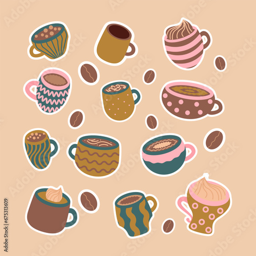 Cozy hot drink cups collection. Coffee beans, hot chocolate, cocoa, tea and coffee cups in warm colors of mustard, terracotta, teal, pink. Isolated vintage design elements. Flat cartoon illustration.