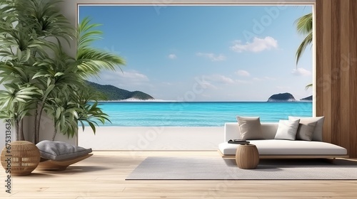 3D rendering of an upholstery sofa with sea view background. © Aris Suwanmalee